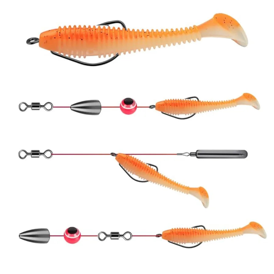 Freshwater saltwater fishing: high carbon steel offset worm hooks with 4.5cm screw T-tail soft bait, black color, reusable plas
