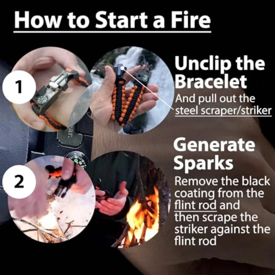 Paracord Survival Bracelet 2 Pack Flint Steel Fire Starter, Whistle, Compass, Mini Saw Adjustable Wrist Band Size for Camping,