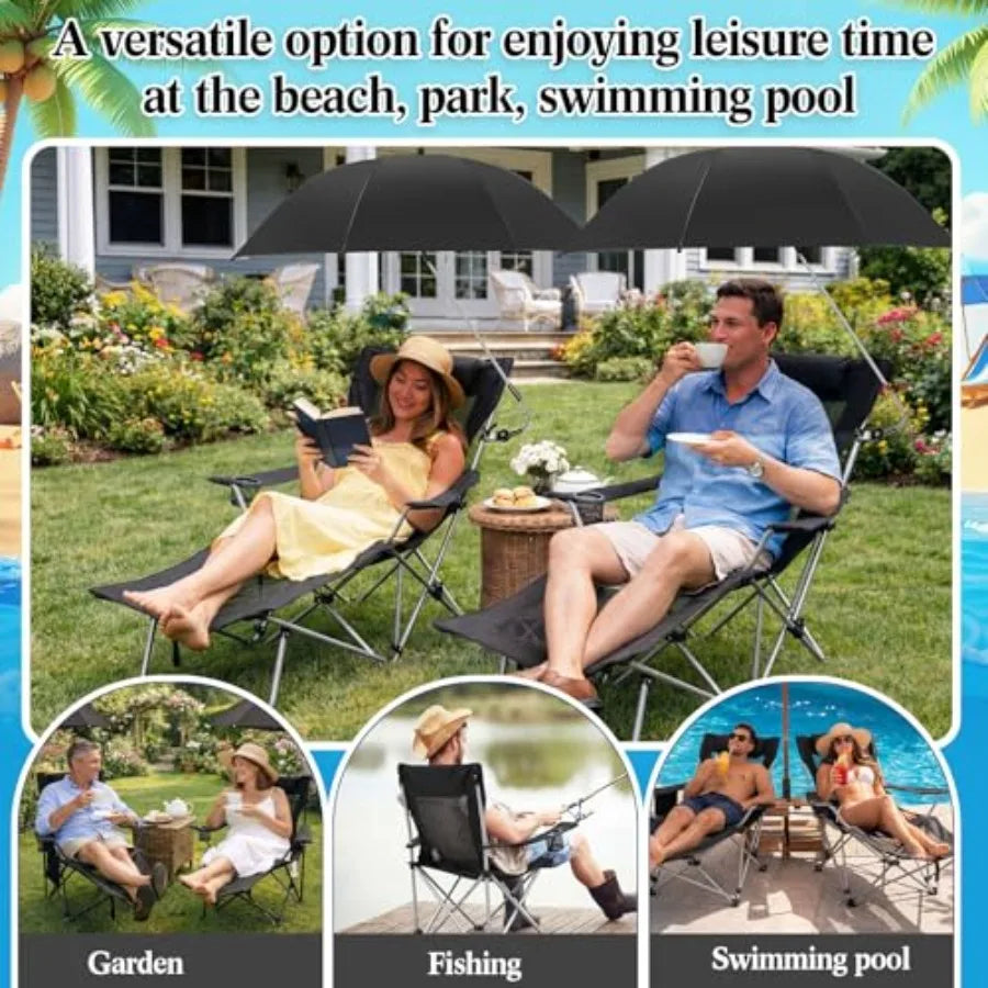 2 in 1 Beach Chair with Umbrella Folding Camping Reclining Chair with Sunshade Headrest Footrest 4 Position Adjustable Mesh Lou