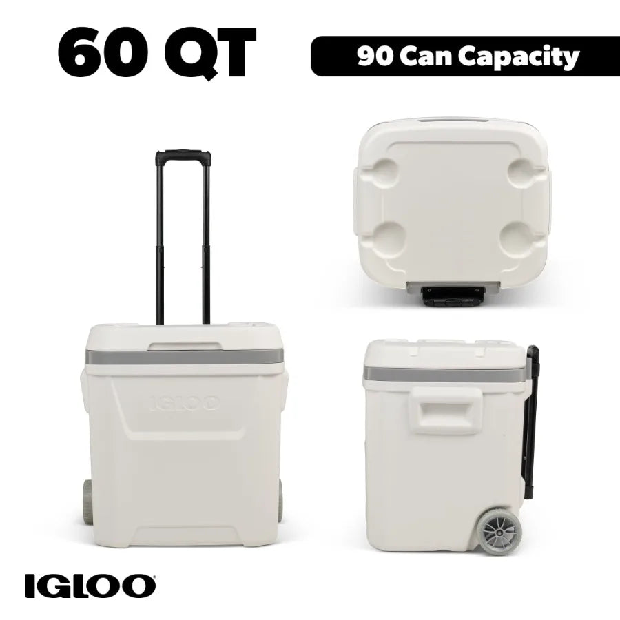 Marine ice chest cooler for outdoor use, polyethylene material, white color, 60-quart capacity with wheels for easy mobility