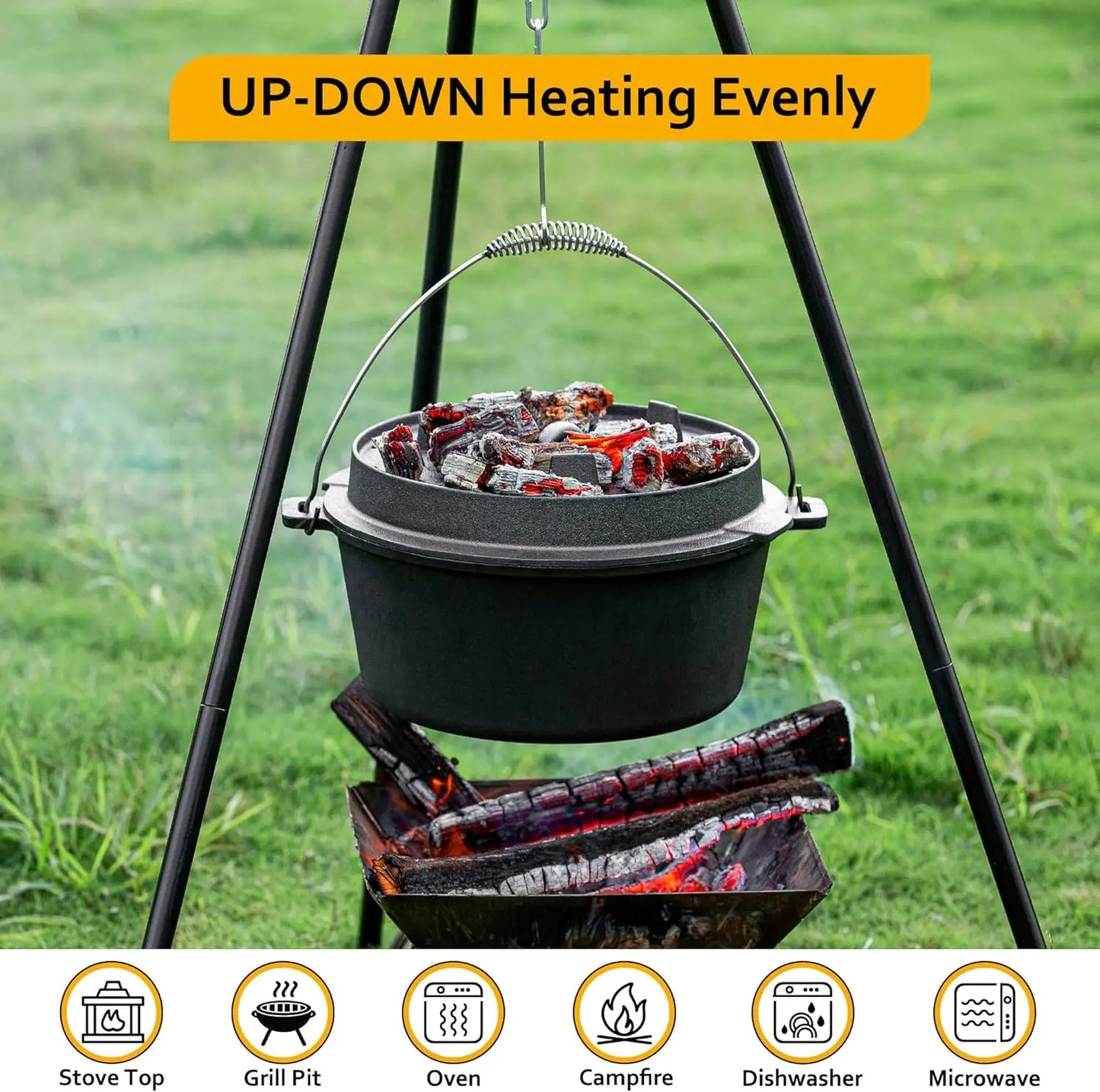 10QT Cast Iron Camping Dutch Oven, Pre-Seasoned with Lid, for Stove, Grill, Oven or Campfire, Metal Handle & Lid Lifter Included