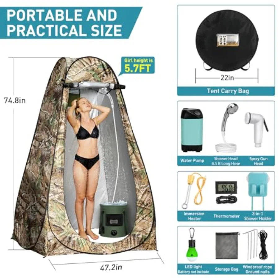 Outdoor camping shower tent: portable pop-up privacy tent with LED lights, 4500mAh rechargeable pump, filtered shower head, 7.4