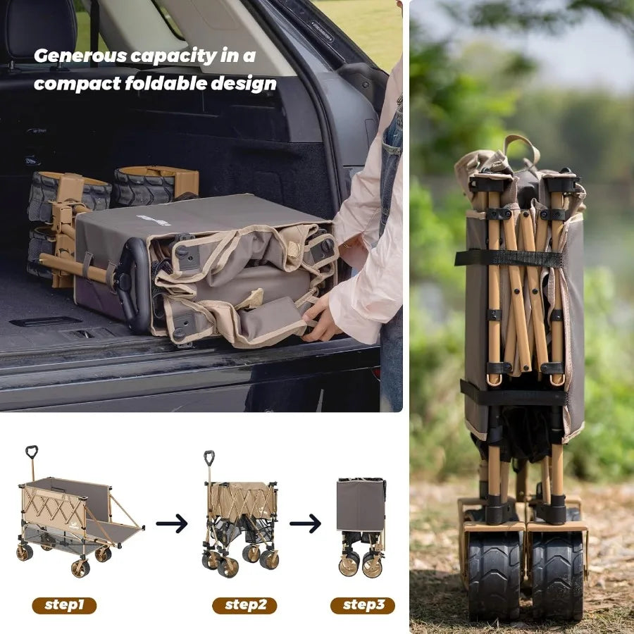 Double Decker Wagon Heavy Duty Foldable Large Beach Wagon Cart with AllTerrain Big Wheels for Sports Camping Outdoor Khaki