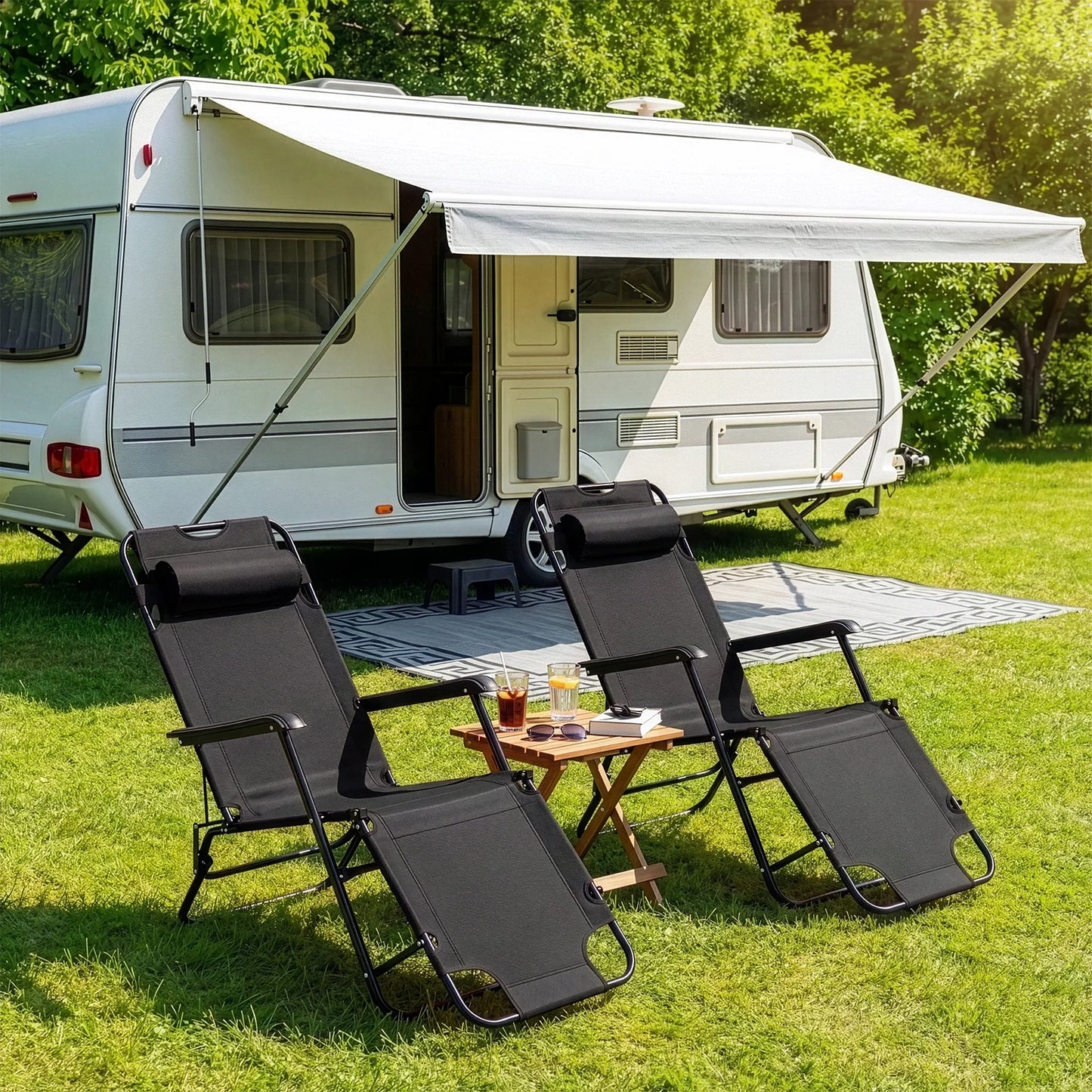 Portable Dual Purposes Extendable Folding Reclining Chair Steel Tube Oxford Fabric Heavy Duty for Home Outdoor Camping Black