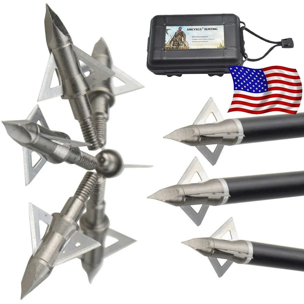 Archery Arrowhead12Pcs 100Grain 3 Blades Stainless Steel Broadheads Screw-in Tips for Compound Recurve Crossbow Hunting Shooting Target Practice Sports Accessories