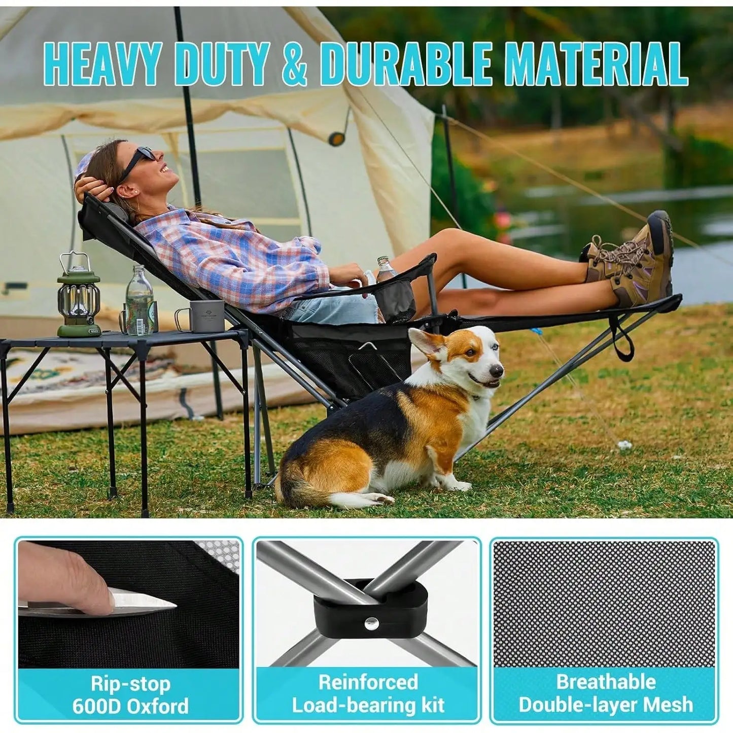 Oaskys 2-In-1 Reclining Camping Chair With Footrest, Portable Folding Lounger For Adults, Mesh Beach Chair With Headrest & Foot