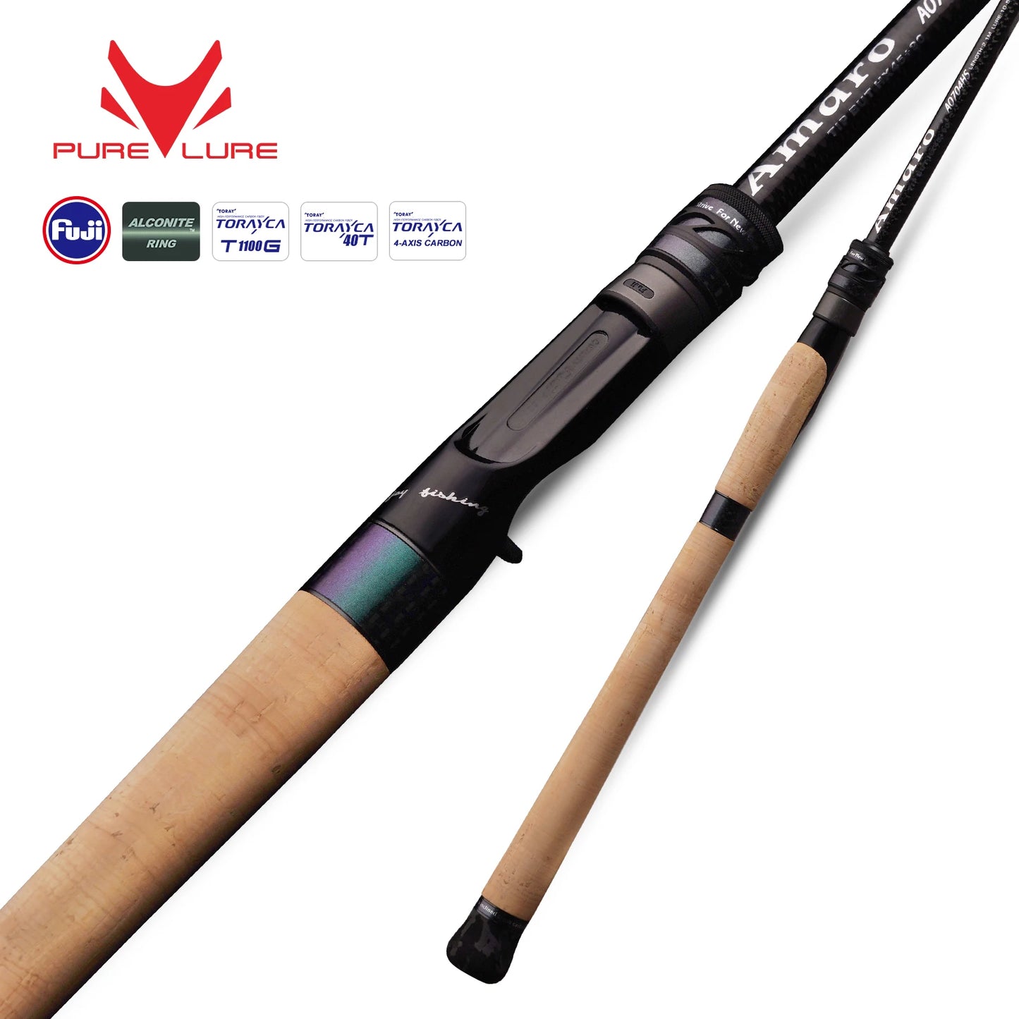 PURELURE Amaro PRO Heavy Duty Travel Fishing Rod 2 Piece Spinning & Casting Big Game Rod 40T T1100G Carbon Fiber Blank FUJI Alconite Guides One-piece Extended Cork Handle