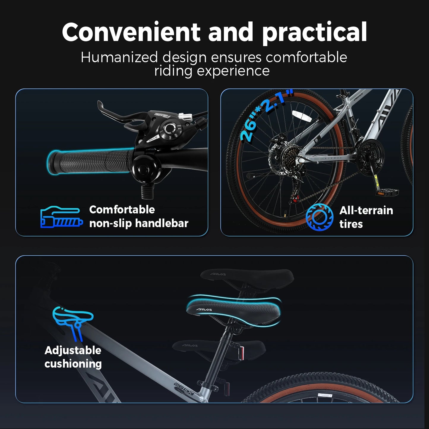 AIVA MT26FS 26 Inch Hardtail MTB, 21 Speed Mountain Bike, Bicycle for Teenagers and Adults, Lightweight Aluminum Frame, Suspension Fork, Front & Rear Disc Brakes