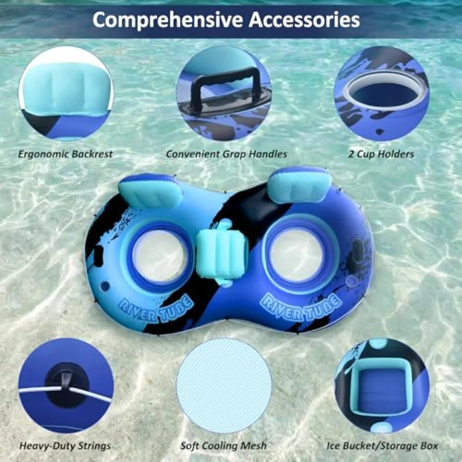 Heavy Duty Double River Tube, 2-Person Inflatable Floating Tube with Backrest, 2 Cup Holders, Handles, Oversized Inflatable Poo