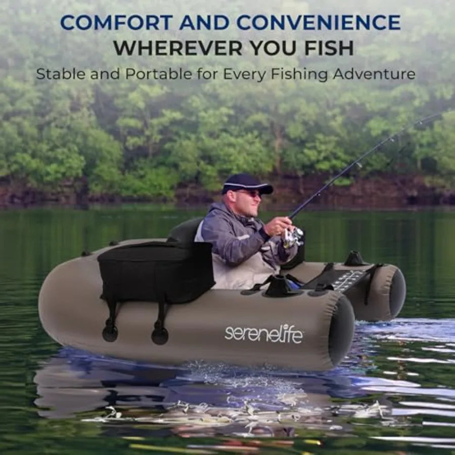 Inflatable Fishing Float Tube PVC Belly Boat for Angling with Rod Holders 2 Waterproof Pockets Fish Ruler 220 lbs Capacity