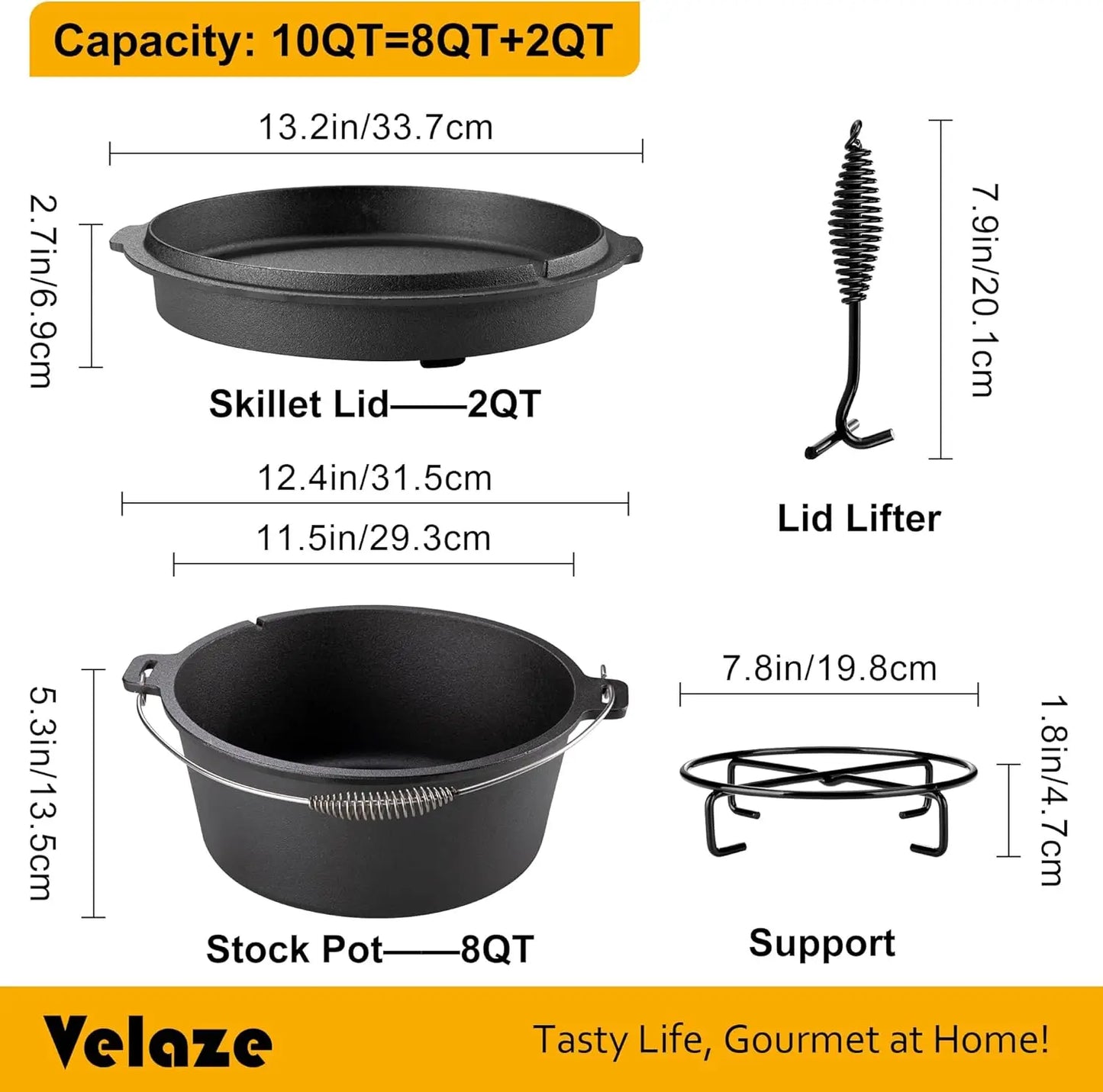 10QT Cast Iron Camping Dutch Oven, Pre-Seasoned with Lid, for Stove, Grill, Oven or Campfire, Metal Handle & Lid Lifter Included