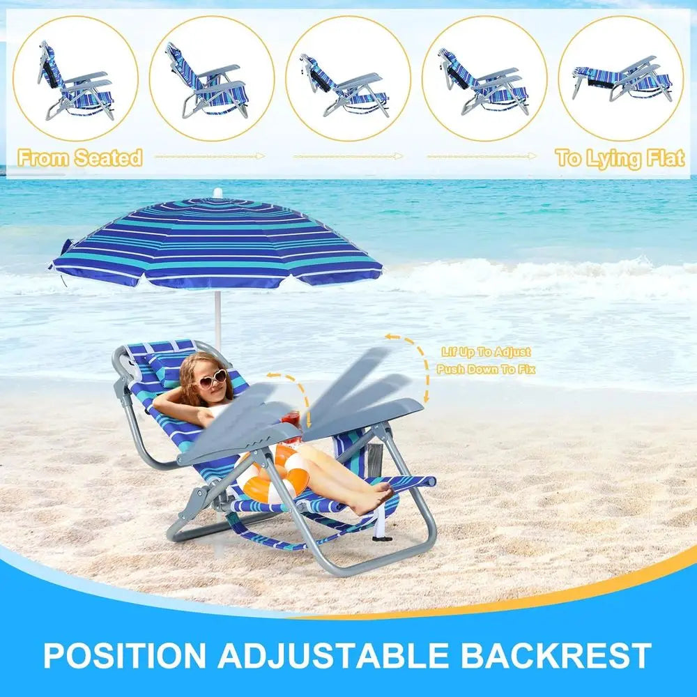 Portable Reclining Beach Chair with Umbrella and Cup Holder for Kids, Suitable for Beach, Camping, and Picnics