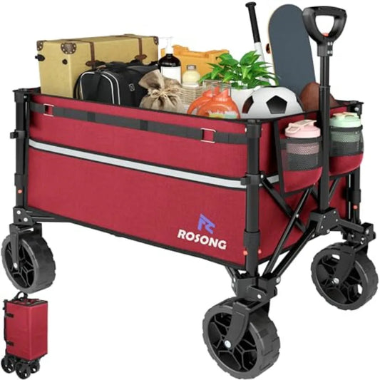 Collapsible Wagon Cart for Grocery Shopping, Garden, Camping Sports Heavy Duty Steel Frame, Black, Foldable with Locking Wheels