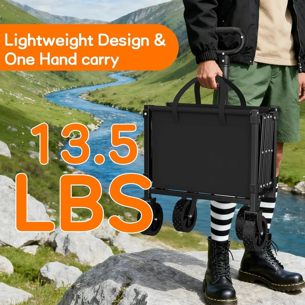 35" L Extra Long Foldable Wagon, 360LBS Heavy Duty Collapsible Utility Cart with Wheels for Groceries, Camping, Sports