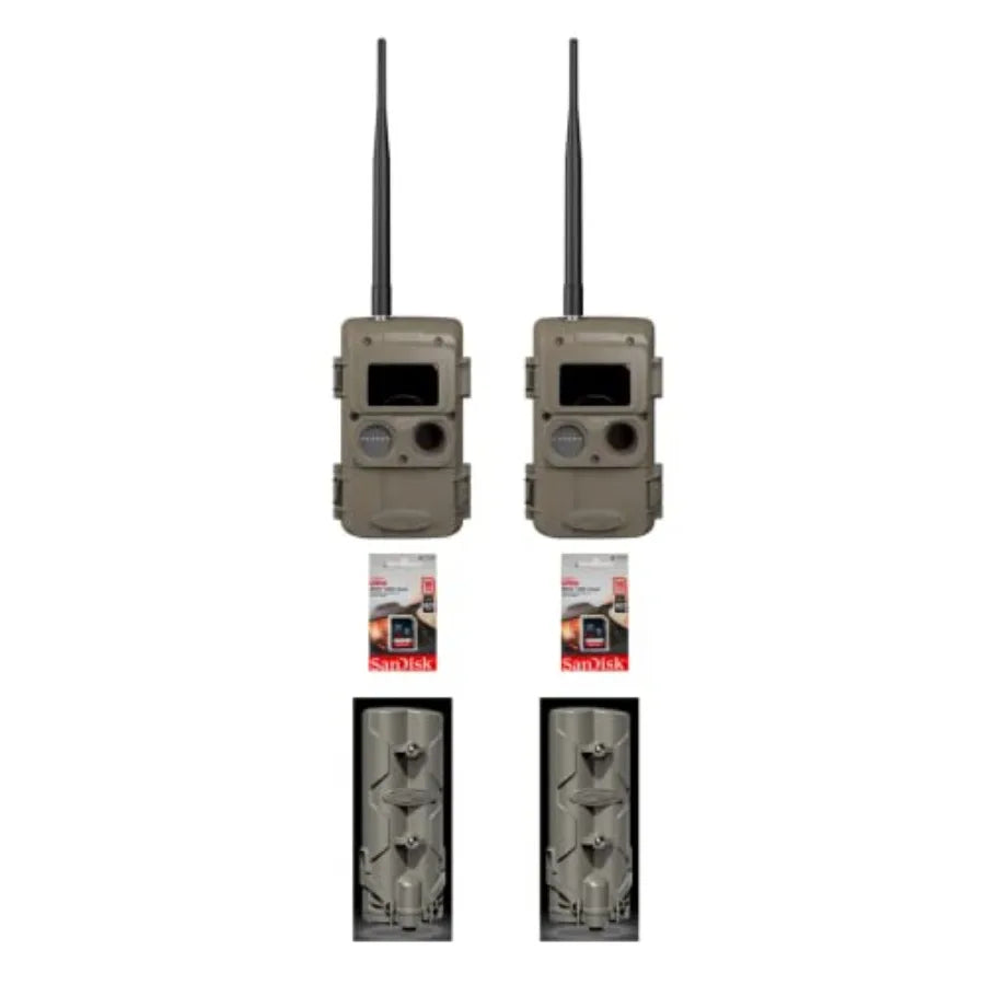 Long-range IR trail camera for wildlife monitoring, rugged ABS plastic body, black finish, 2-unit bundle with dual battery powe