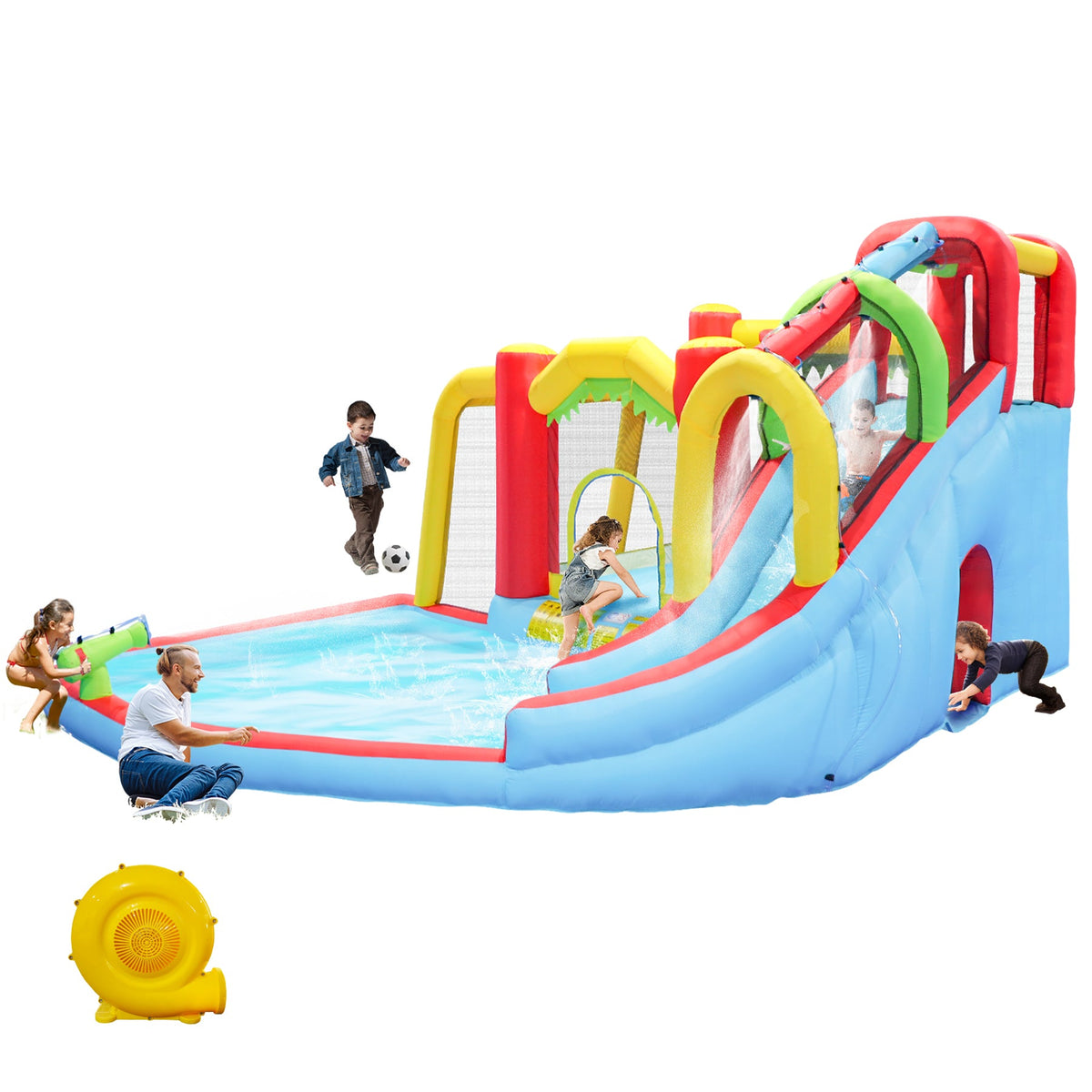 7-in-1 Inflatable Slide Water Park and Garden Bouncer with Multi-Sport Features - Multicolor