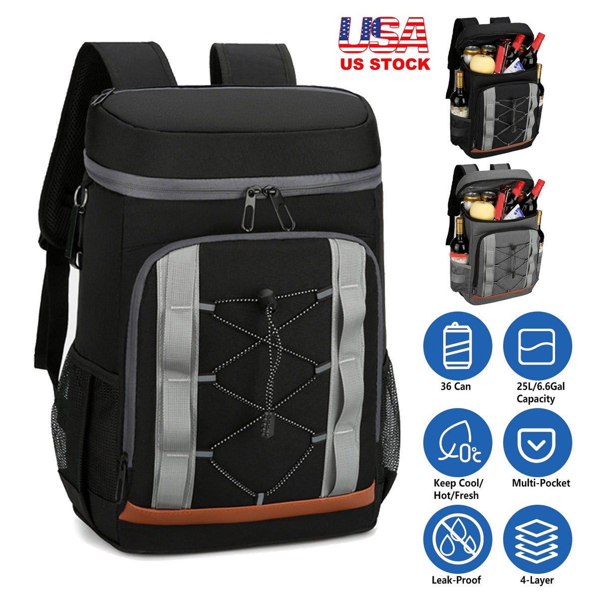 Cooler Backpack 36 Can Leakproof Insulated Cooler Backpack with 25L/6.6Gal for Picnic Camping Beach Hiking Fishing Travel
