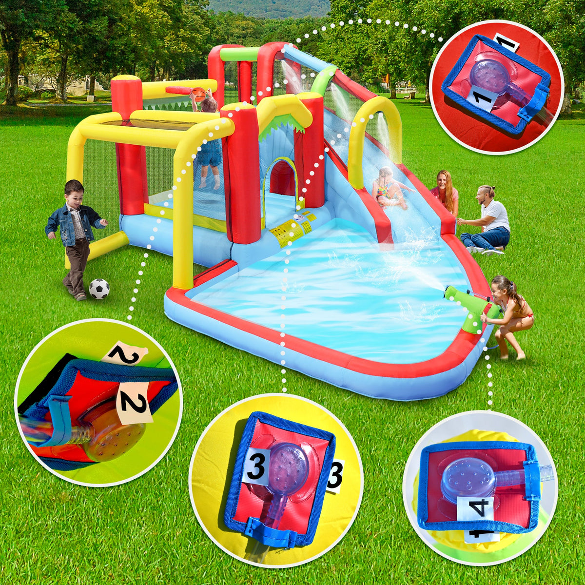 7-in-1 Inflatable Slide Water Park and Garden Bouncer with Multi-Sport Features - Multicolor