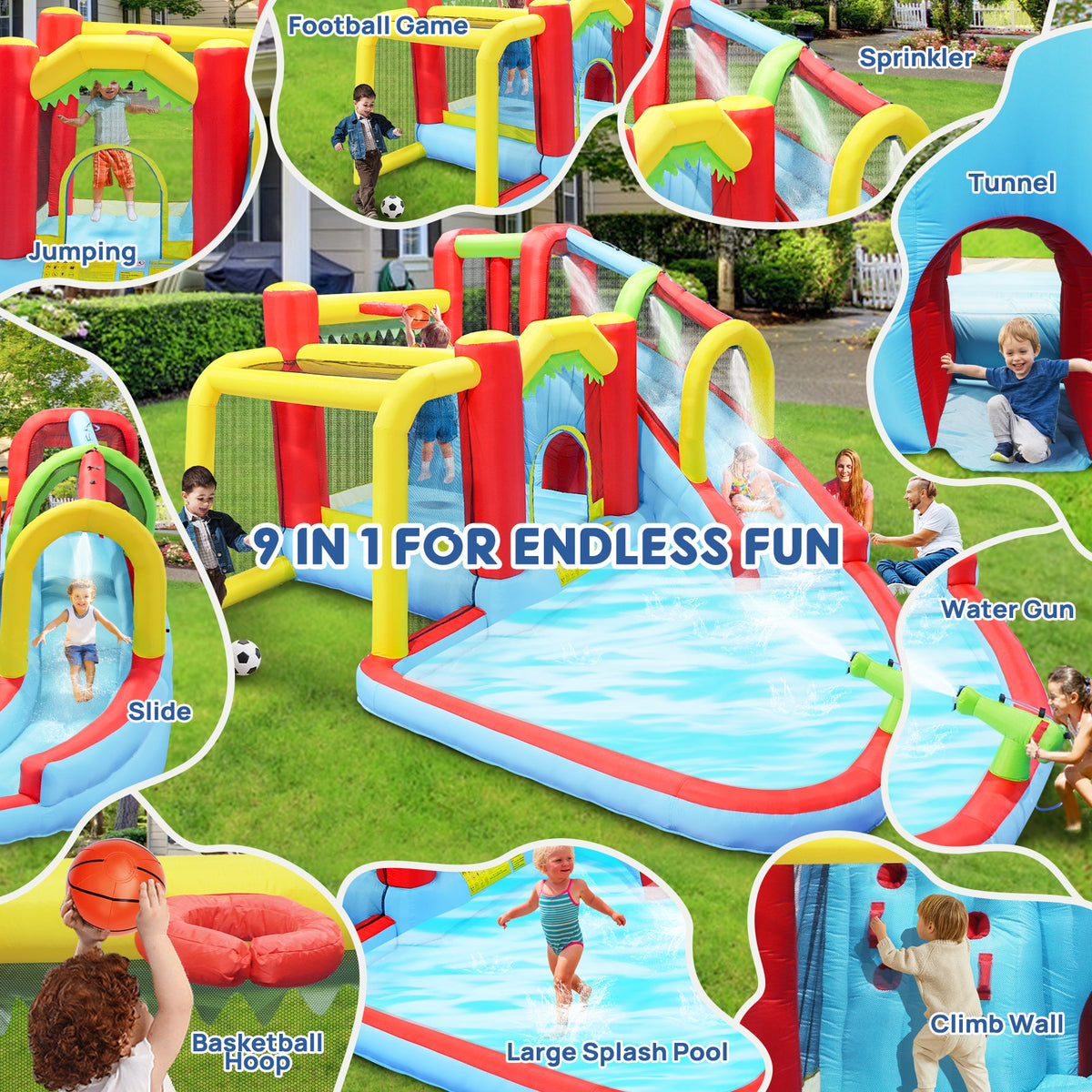 7-in-1 Inflatable Slide Water Park and Garden Bouncer with Multi-Sport Features - Multicolor