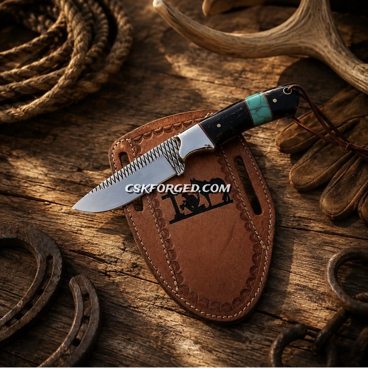 Cowboy Ranch Knife – 4” Rasp Steel Turquoise Inlay Horn Handle
