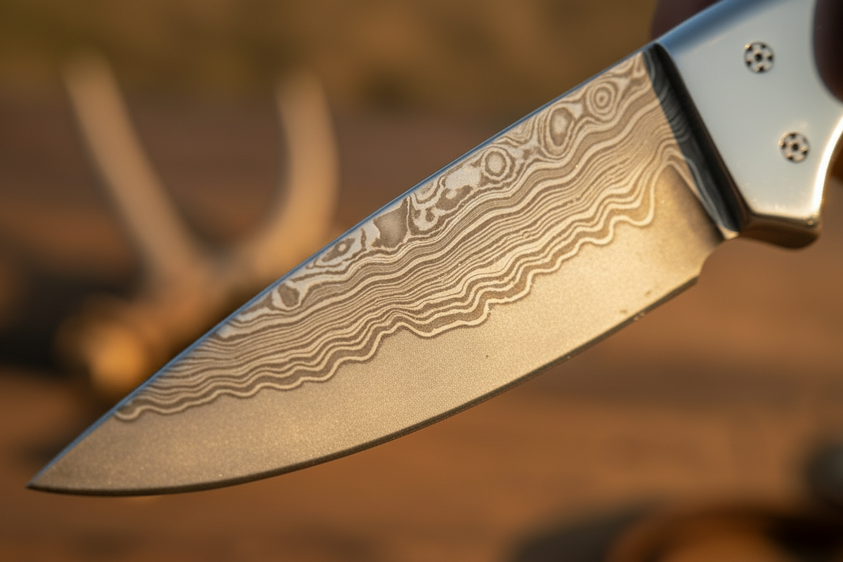 Cross Draw Knife – Damascus Steel, Antler Horn Handle, Steel Bolster & Leather Sheath | 6.25"
