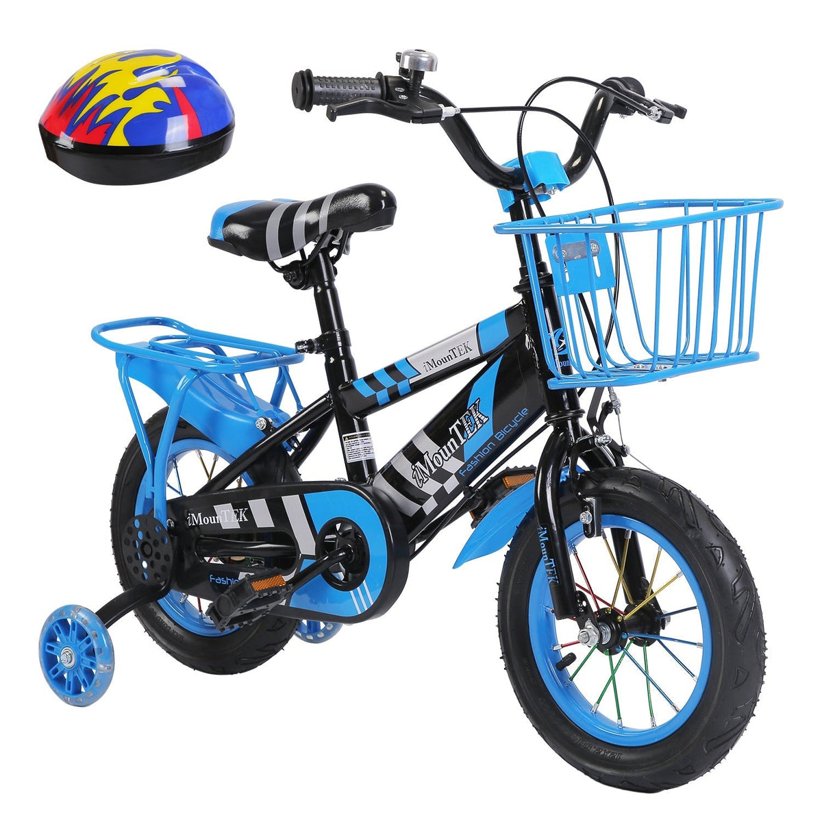16In Kids\' Bike with Training Wheels Children Bicycle with Helmet Basket Rear Seat Chain Guard for Boys Aged 4-7