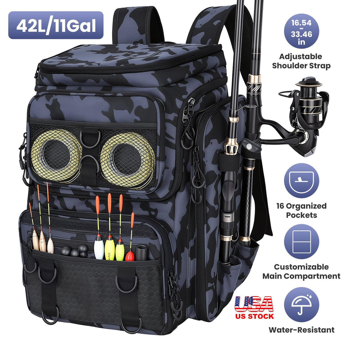 Fishing Backpack 42L with Rod Holders & 16 Pockets