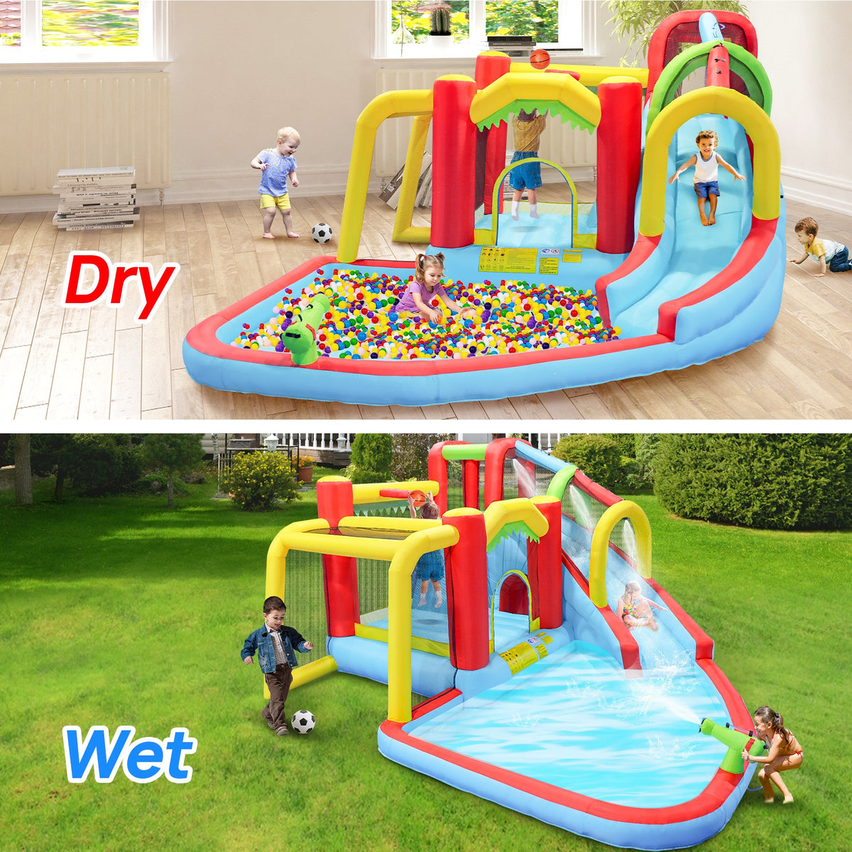 7-in-1 Inflatable Slide Water Park and Garden Bouncer with Multi-Sport Features - Multicolor