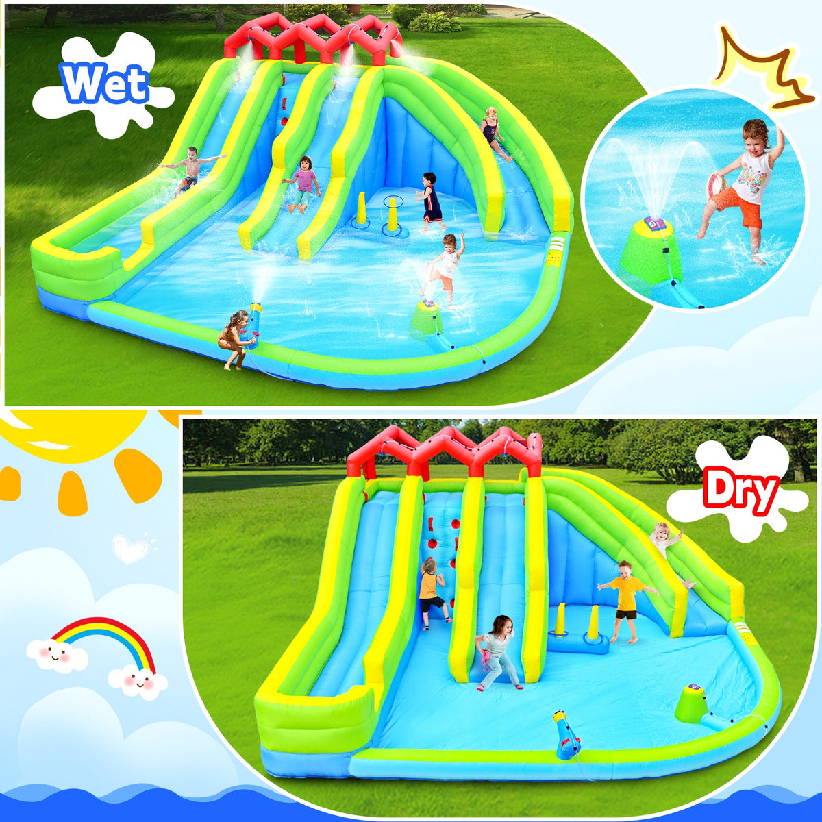 7-in-1 Inflatable Water Park with Slides and Climbing Wall - Multicolor