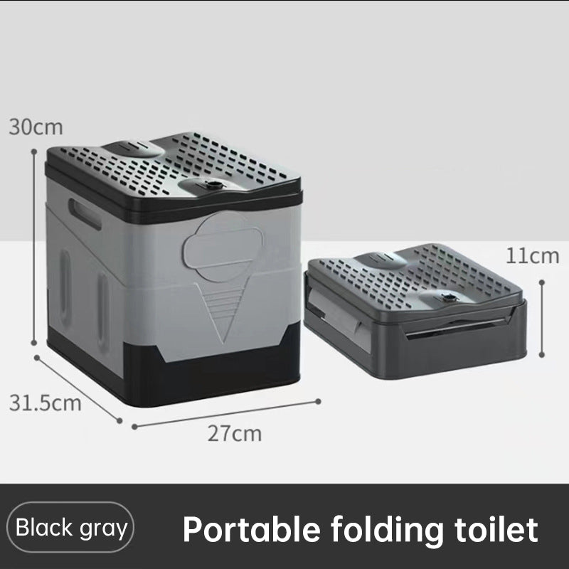 Portable folding camping toilet: adult/child use, self-contained, with lid and seat.