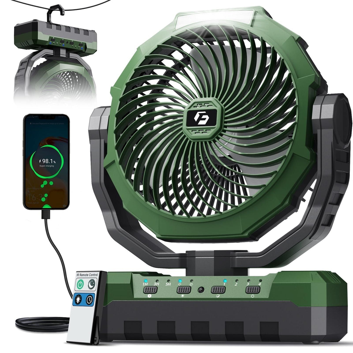 Green 3-Feature Camping Fan with Rechargeable Battery Light and Remote