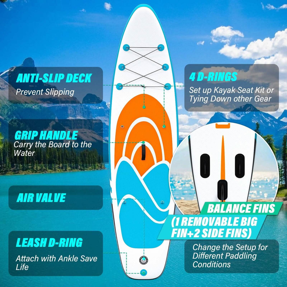 Inflatable Paddle Board Stand up Adults with Adjustable Paddle and Removable Fin Orange